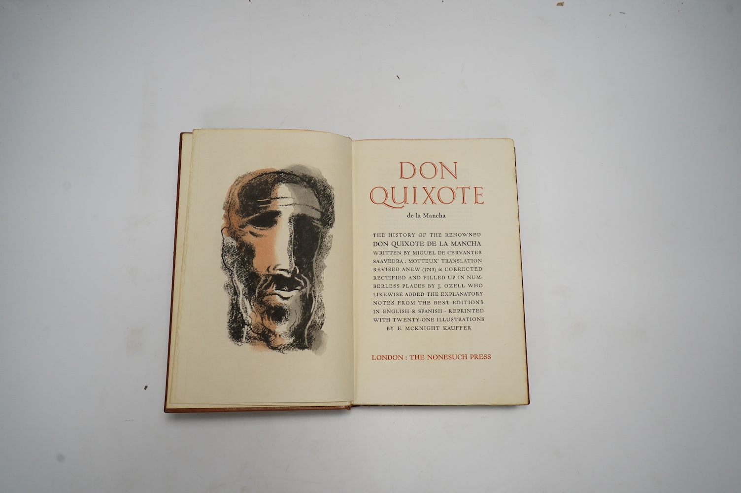 Cervantes, Miguel de - Don Quixote de la Mancha. The history of the renowned Don Quixote ... Motteux' translation revised anew (1743) ... 2 vols. frontispieces and 19 coloured plates (by E. McKnight Kauffer); original ta